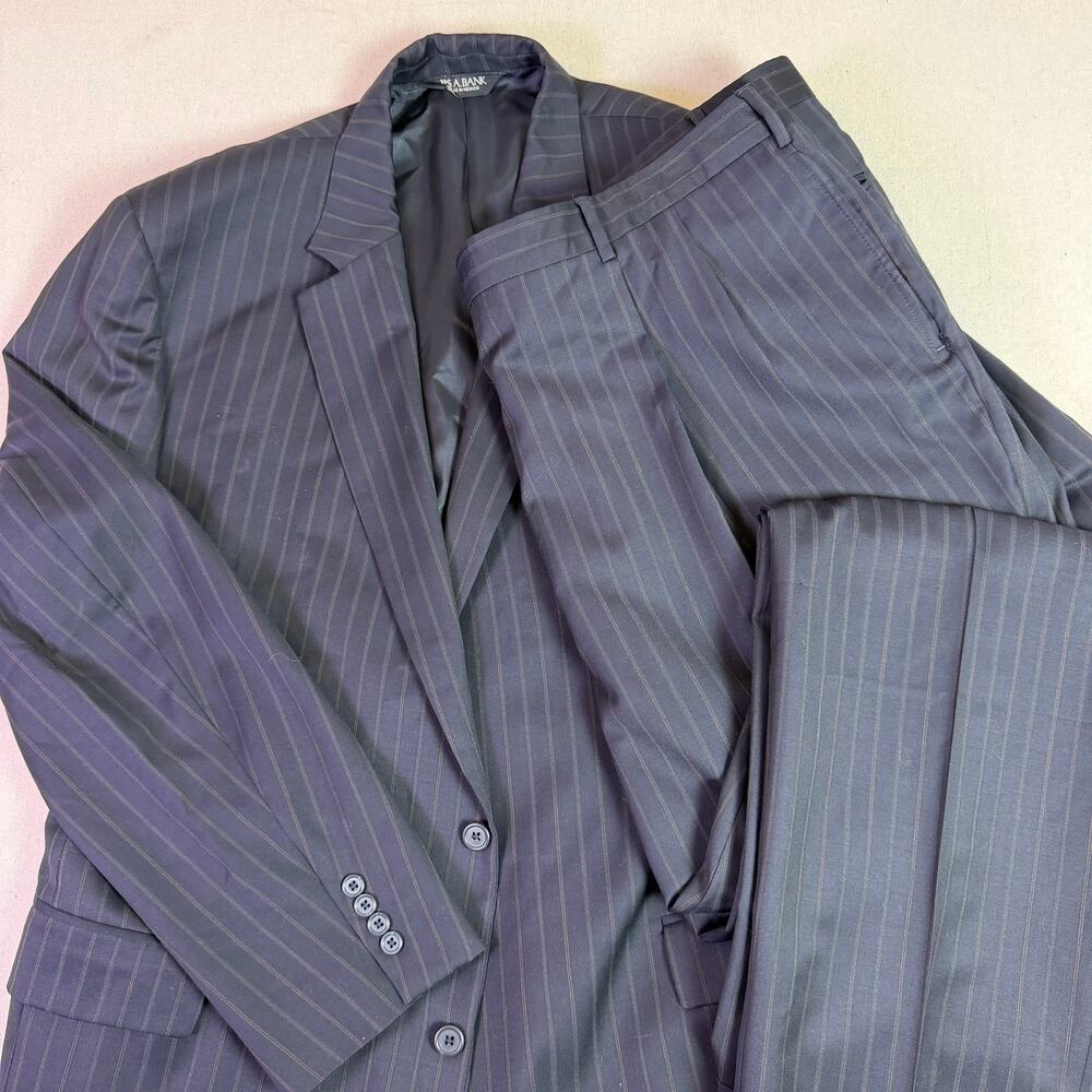 Jos A Bank Navy Wool Pinstripe 2 Pc Classic Suit Mens 50XL Pleated Cuffed Pants